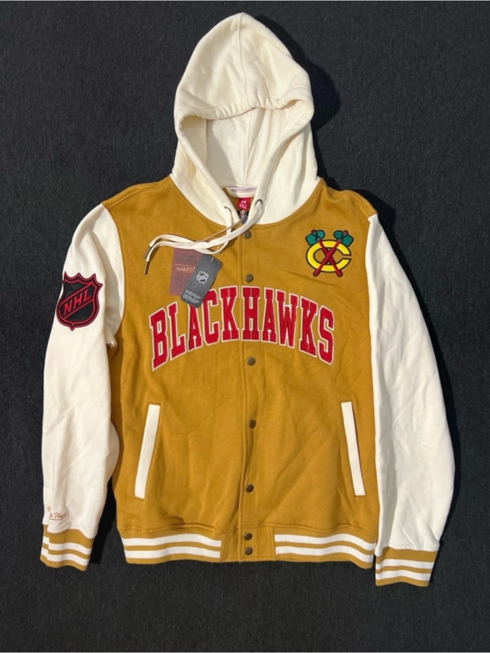Mitchell & Ness Blackhawks Hooded Varsity Jacket in Gold & White